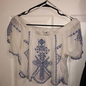 Blue and White Off The Shoulder Shirt
